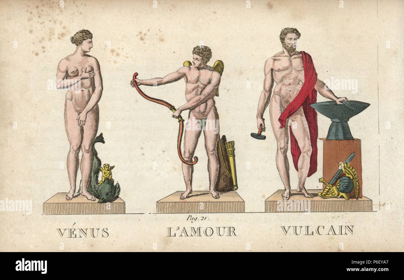 Venere, Cupido e Vulcan, divinità romane e la dea di amore e la forge. Handcolored incisione su rame incisa da Jacques Louis Lacerf costante dopo le illustrazioni da Leonard Defraine da 'La mythologie en Estampes' (mitologia stampe o figure di divinità leggendaria), Chez P. Blanchard, Parigi, c.1820. Foto Stock