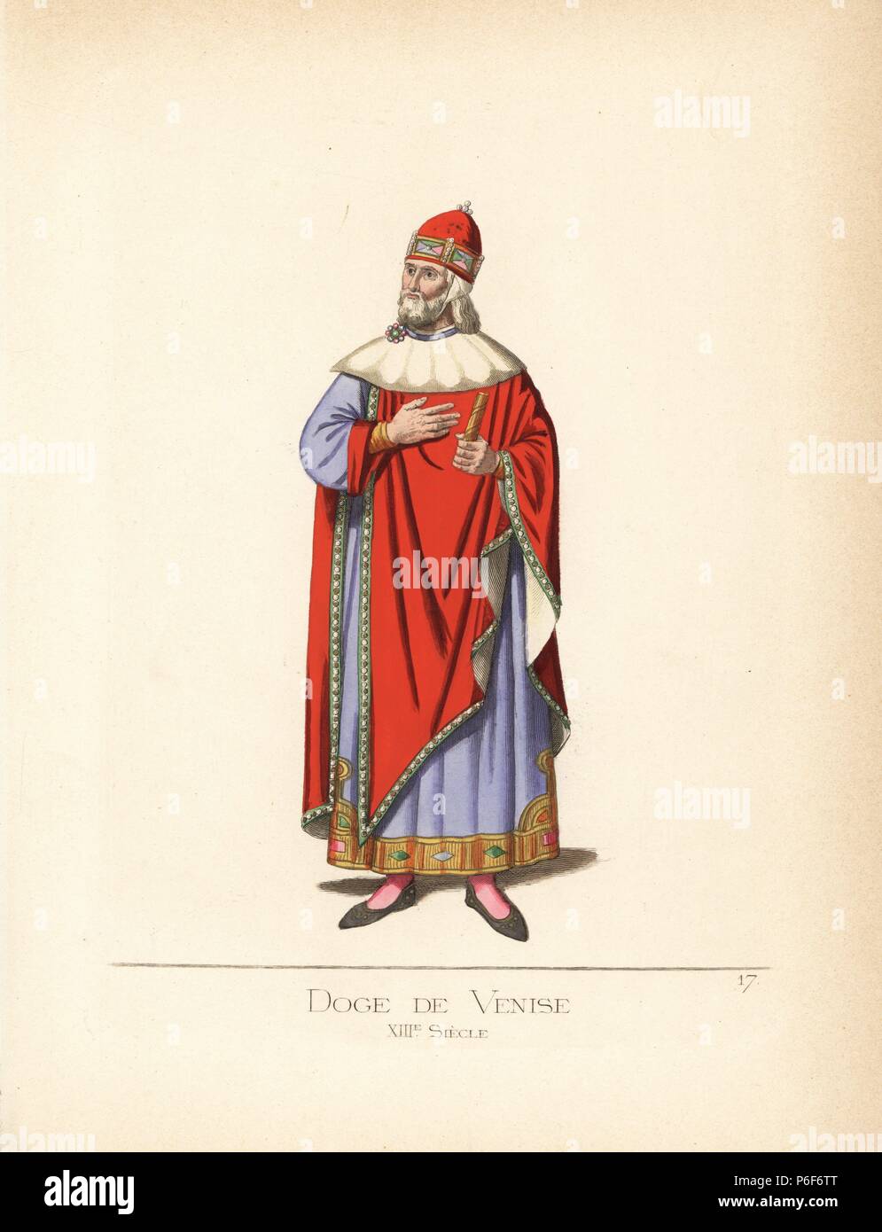 Doge di Venezia, del XIII secolo. Indossa un cappello rosso con corona  d'oro, scarlet cape foderato di ermellino, ermellino almuce, e violetta  robe bordato in oro. Da un mosaico nella porta della