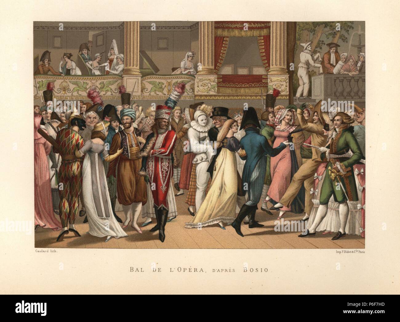 Masquerade ball, Bal d'Opera, 1800. La gente alla moda in costume come ussari, contadini, clown, arlecchini e turchi, alcuni indossano maschere. Illustrazione da Jean-Francois Bosio, chromolithograph da Gaulard da Paul Lacroix's 'Directoire, Consulat et Empire", Parigi, 1884. Foto Stock