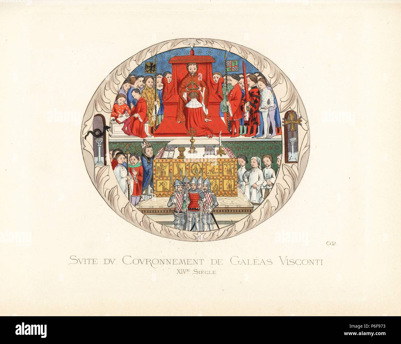 Incoronazione di Gian Galeazzo Visconti duca di Milano, 1351-1402. Il duca in scarlatto e ermellino si inginocchia davanti al re Venceslao di Lussemburgo per essere incoronato. A sinistra, un cavaliere tiene il banner imperiale e un graffietto scrive in un libro. A destra, cavalieri detiene il banner dei Visconti e una spada. Da un messale negli archivi della Basilica di Sant'Ambrogio a Milano. Handcolored Illustrazione disegnata e litografato da Paolo Mercuri con il testo di Camille Bonnard da 'costumi storici dal XII al XV secolo,' Prelievo Fils, Parigi, 1860. Foto Stock