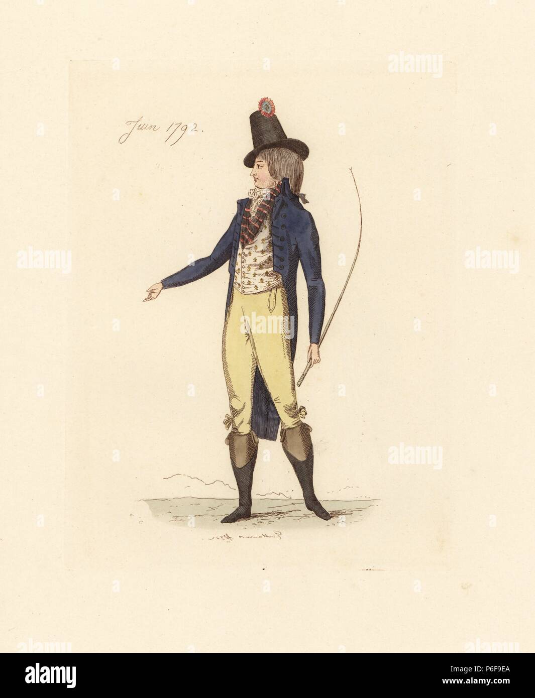 Il francese uomo che indossa la moda del giugno 1792. Indossa un cappello  alto con coccarda, equitazione rivestire con code, cravat e gilet,  calzoncini, giarrettiere e stivali. Egli detiene un sottile di
