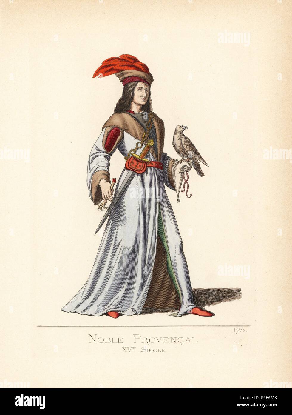 Nobile di Provenza, del XV secolo, tenendo un falco. Indossa un cappello  rosso cremisi con pelliccia e pennacchi di scarlatto, tunica di velluto  rosso, stracciati cappotto grigio foderato di pelliccia, nastro rosso