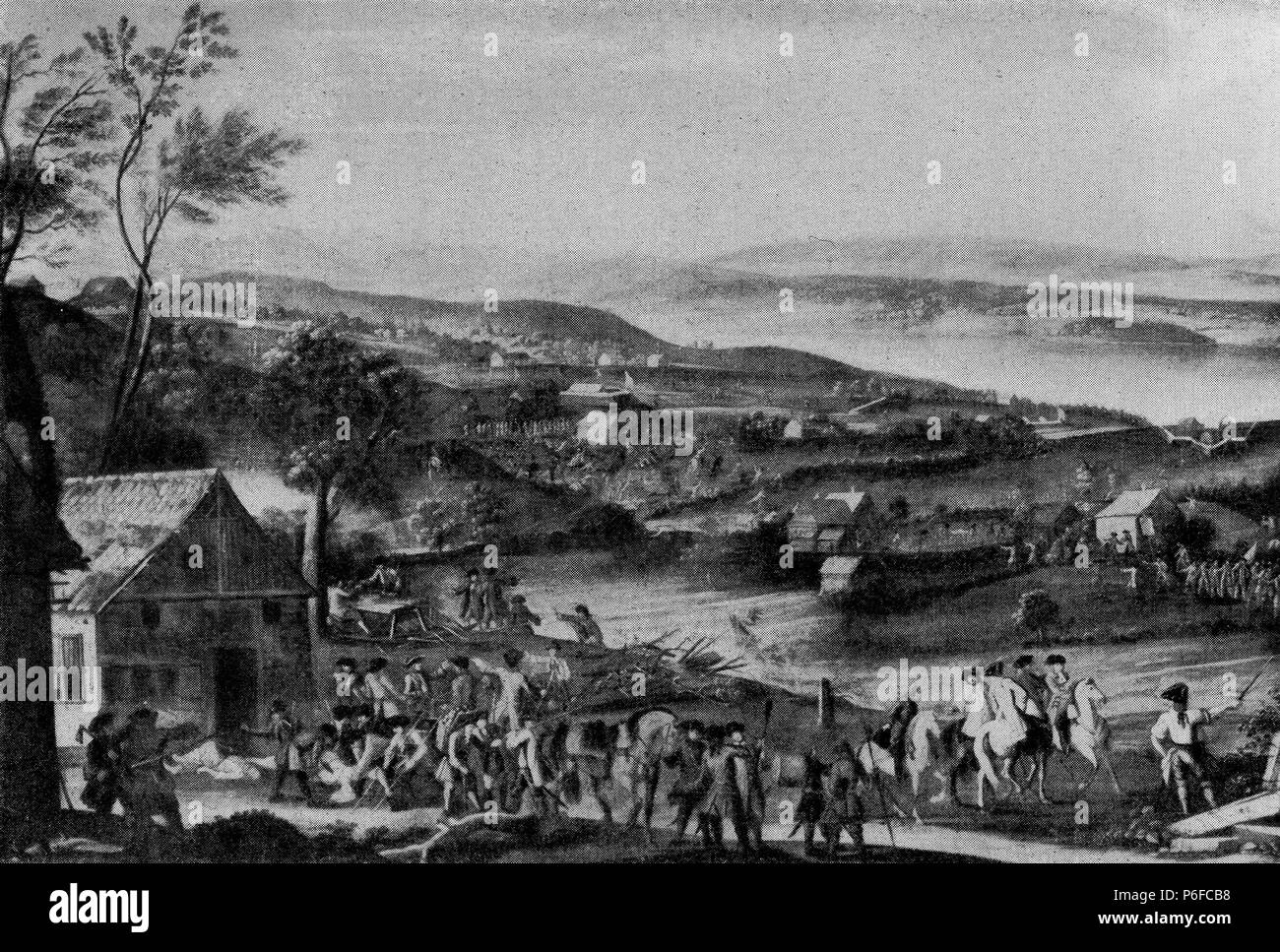 Deutsch: Zug der Zürcher locande Gefecht z? Hütten am Zimmerberge vom Freytag, dem 22. Juli 1712, währendes Toggenburgerkriegs. Gmäld Hans R?dolf Füßlis von 1718 im Schipf Landhauß, 156 cm × 92 cm; der rechte Bildrand mit einer Inschrifftentafel ist auf dieser Widergabe abgeschnitten. 1718 2 HuettenZimmerbergHRFuessli1718 Foto Stock