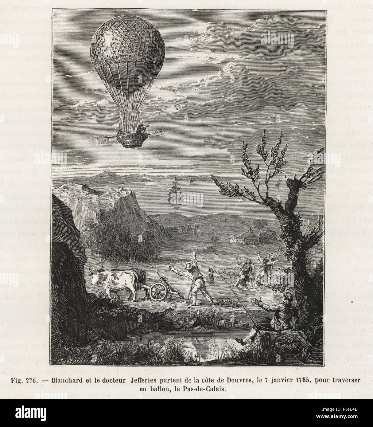Jean-Pierre Blanchard e l'americano Dr. John Jeffries sul loro cross-channel mongolfiera da Dover a Calais, Gennaio 1785. Woodblock incisione di Mes dopo E. Deschamps da Louis Figuier 'Les Merveilles de la Science: Aerostats' (meraviglie della scienza: Aria palloncini), Furne, Jouvet et Cie, Parigi, 1868. Foto Stock