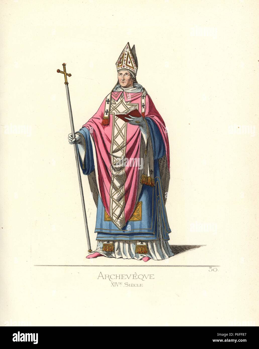 L Arcivescovo, XIV secolo. Indossa un turbante decorate con oro, rosa alb, blu dalmatica tunica, scarpe di colore rosa. Egli detiene una croce e la Bibbia. Da un Foscari tomba di famiglia nella chiesa di Santa Maria del Popolo di Roma. Handcolored Illustrazione disegnata e litografato da Paolo Mercuri con il testo di Camille Bonnard da 'costumi storici dal XII al XV secolo,' Prelievo Fils, Parigi, 1860. Foto Stock