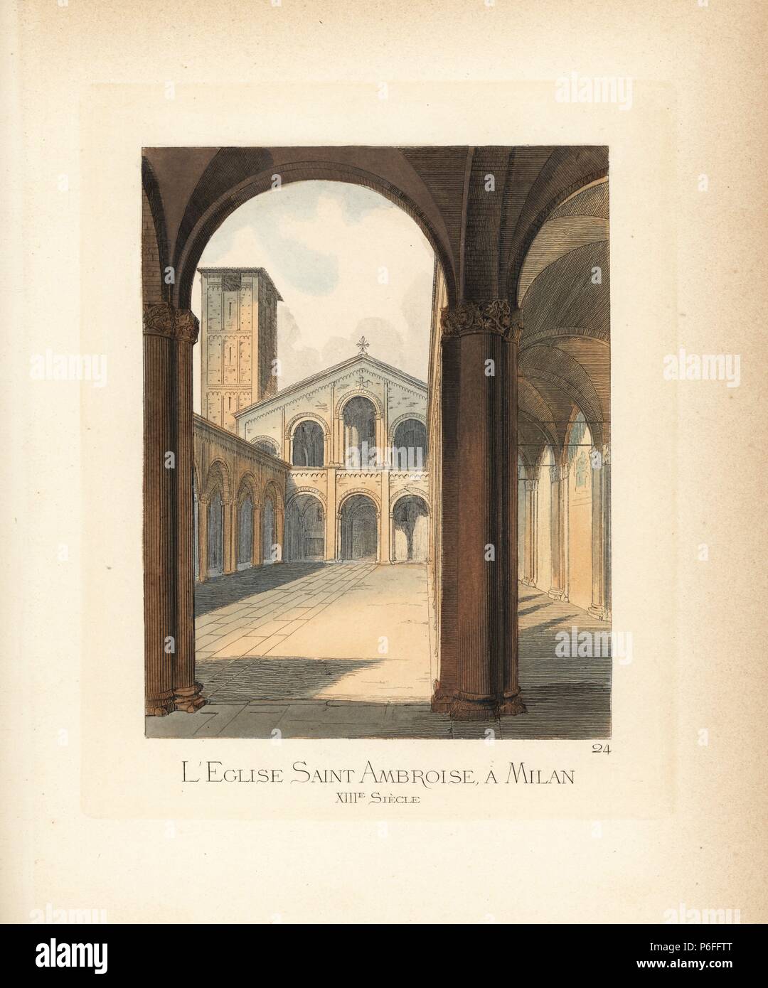 Il cortile della Basilica di Sant'Ambrogio di Milano, del XIII secolo. Handcolored Illustrazione disegnata e litografato da Paolo Mercuri con il testo di Camille Bonnard da 'costumi storici dal XII al XV secolo,' Prelievo Fils, Parigi, 1860. Foto Stock