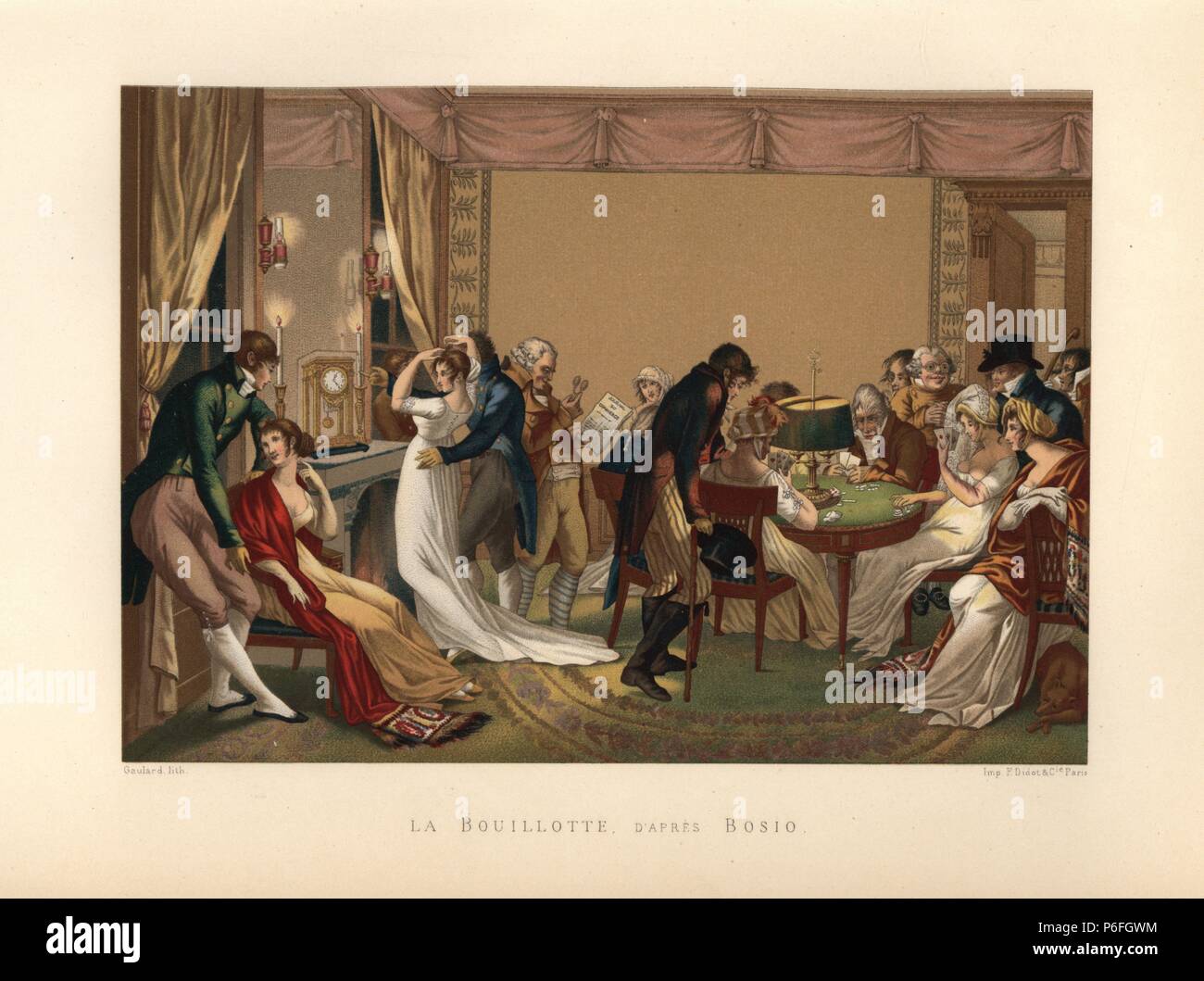 Salone di Parigi 1800, con ospiti alla moda la riproduzione di un gioco di carte in un bouillotte (paralume). Disegnata da Jean-Francois Bosio, litografata dallo Gaulard. Chromolithograph da Paul Lacroix's 'Directoire, Consulat et Empire", Parigi, 1884. Foto Stock