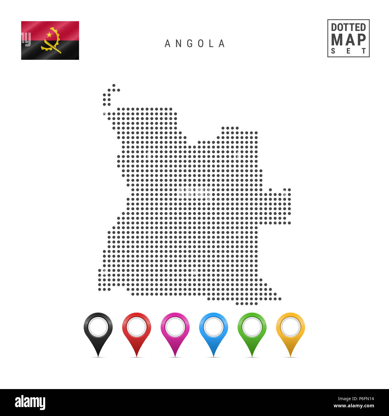 Mappa punteggiata di Angola. Semplice silhouette dell'Angola. La bandiera nazionale dell'Angola. Insieme multicolore i marcatori mappa. Illustrazione isolato su bianco Backgr Foto Stock