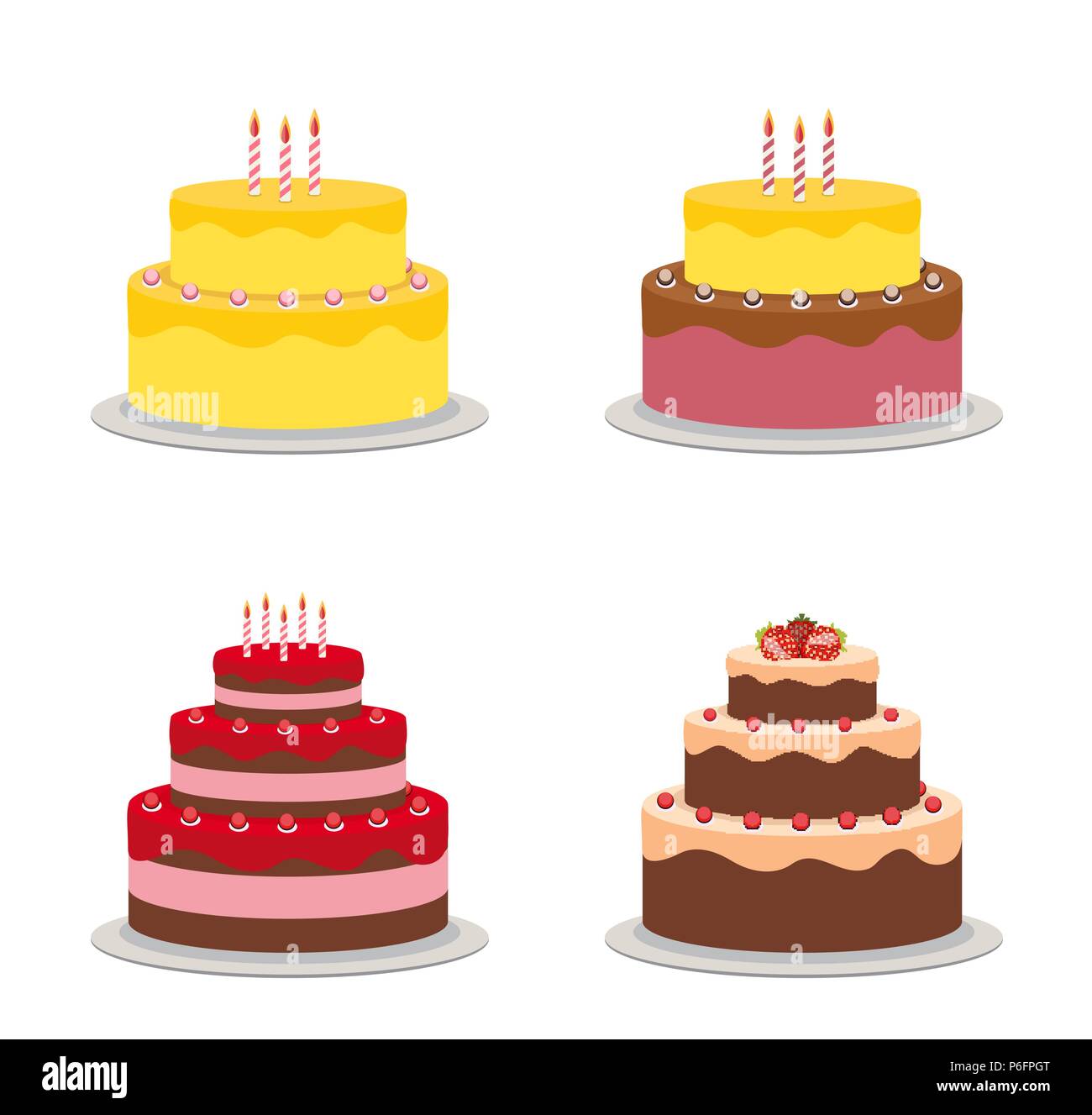 Torta di compleanno icona piatta Cllection impostata per il design, illustrazione vettoriale Illustrazione Vettoriale