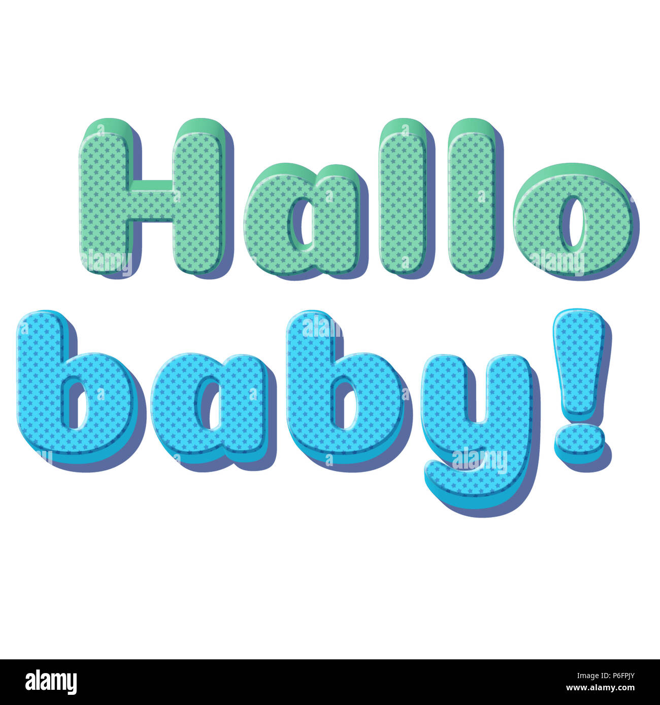 Scheda simpatico bimbo neonato in blu, verde colori 3D vintage effetto font con testo Hallo Baby Foto Stock