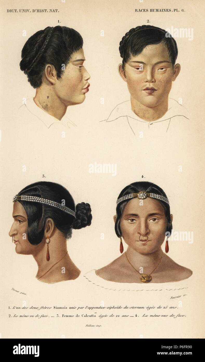 Ritratto e il profilo di uno dei più famosi gemelli siamesi, Chang e Eng Bunker, 25 anni, e donna indiana di Calcutta, 22 anni, indossando il naso anello e gioielli. Handcolored incisione di Fournier dopo una illustrazione di Verner da Charles d'Orbigny's Dictionnaire Universel d'Histoire Naturelle (Dizionario di storia naturale), Paris, 1849. Foto Stock