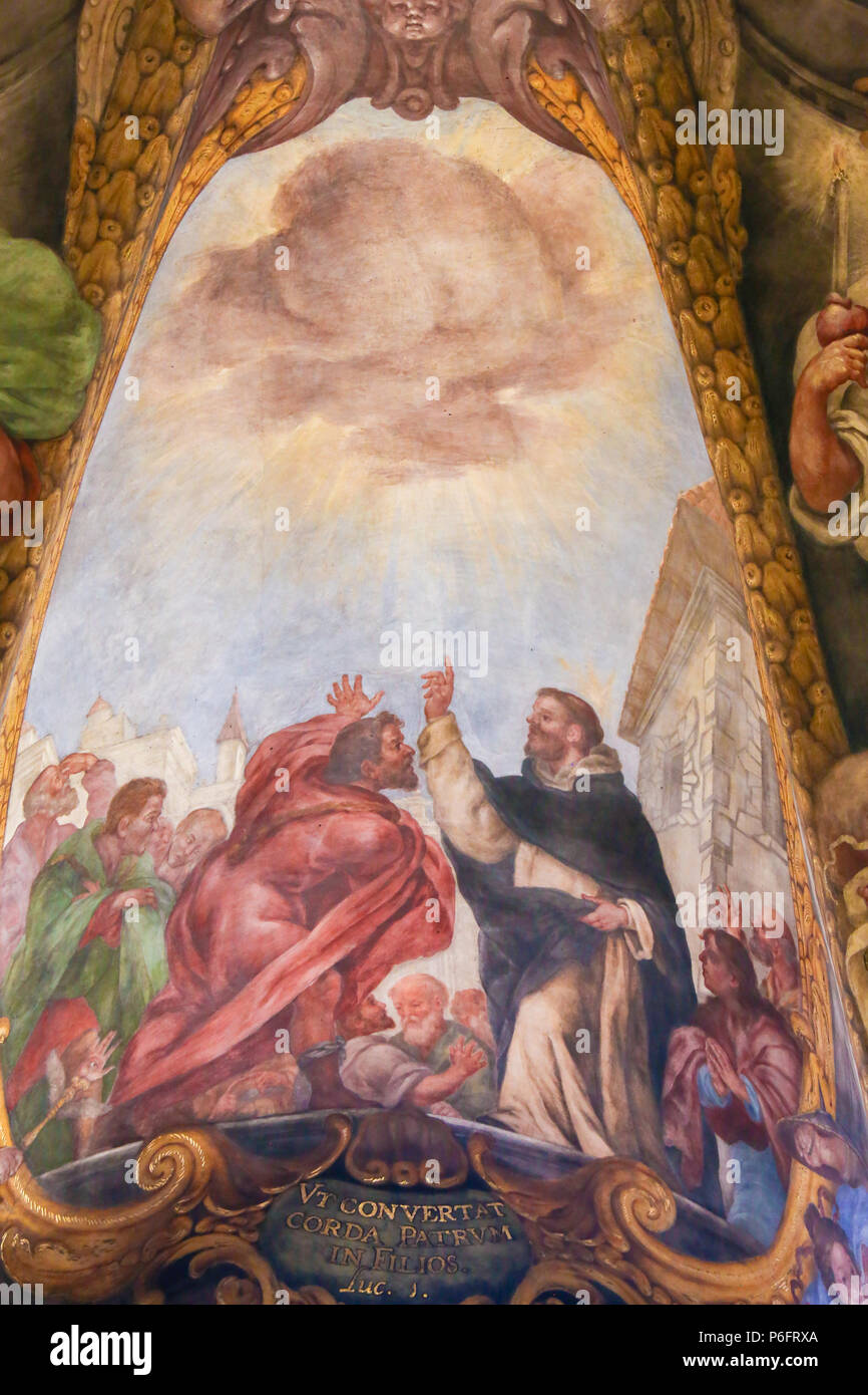 Affresco barocco nella chiesa di San Nicola di Valencia, Spagna, raffigurante San Pietro Martire o Pietro da Verona miracolosamente il reperimento di ombra per la sua liste Foto Stock