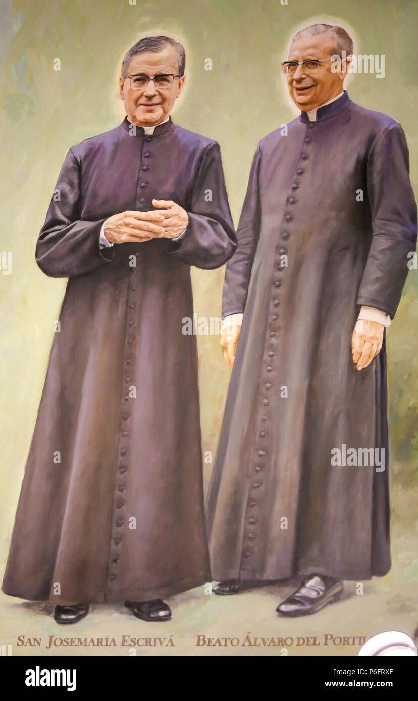 Affresco nella chiesa di San Nicola in Valencia, Spagna, raffiguranti Josemaría Escrivá, un prete Cattolico che ha avviato l' Opus Dei e Alvaro del Foto Stock