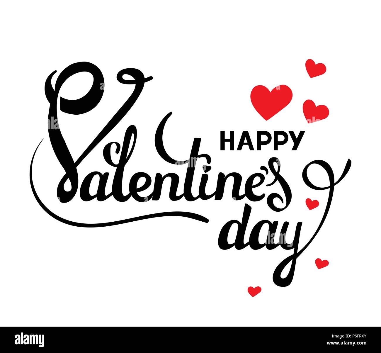 Felice il giorno di San Valentino. Scheda del vettore con la calligrafia manoscritta testo e cuori rossi su sfondo bianco Illustrazione Vettoriale