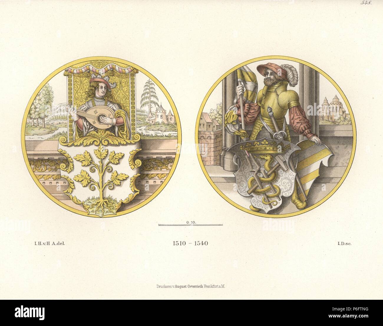 Dipinti di vetro mostra stemmi con liuto player e cavaliere, inizi del XVI secolo. Il cavaliere S. Florian fissa la protezione di un fabbro's Guild. Chromolithograph da Hefner-Alteneck 'costumi, opere d arte e di apparecchi dal Medioevo al XVII secolo", Francoforte, 1889. Illustrazione dal dottor Jakob Heinrich von Hefner-Alteneck, litografata dallo L.D. Il dott. Hefner-Alteneck (1811-1903) era un museo tedesco curatore, archeologo, storico dell'arte, illustratore e incisore. Foto Stock