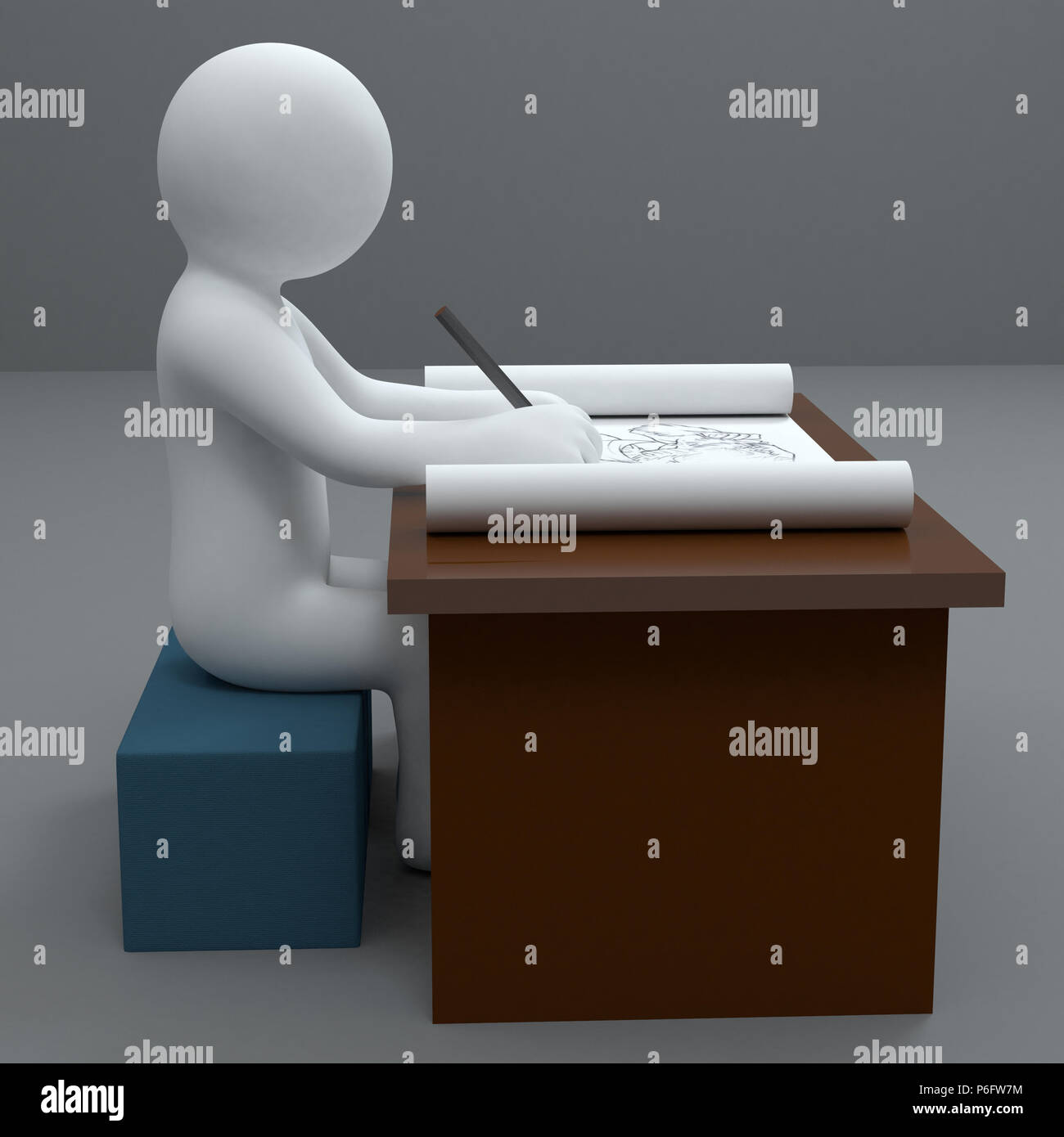 3d carattere concetti di disegno su carta in seduta Desk.processo creativo bella 3d immagine sfondo Foto Stock