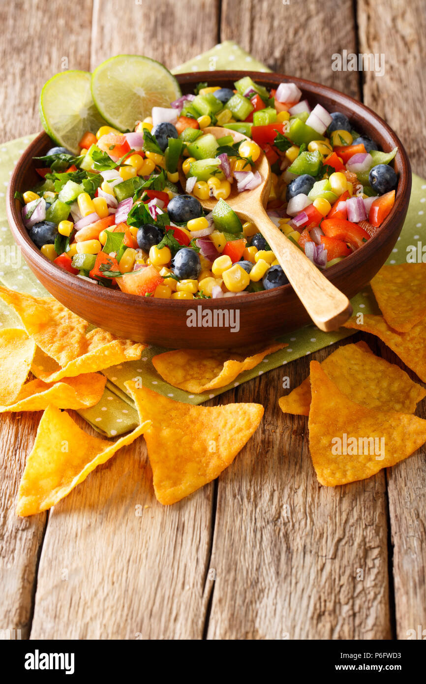 Deliziosa insalata di mais, mirtilli, peperoncino jalapeno, il peperone e la cipolla è servita con nachos chips vicino sul piano verticale. Foto Stock