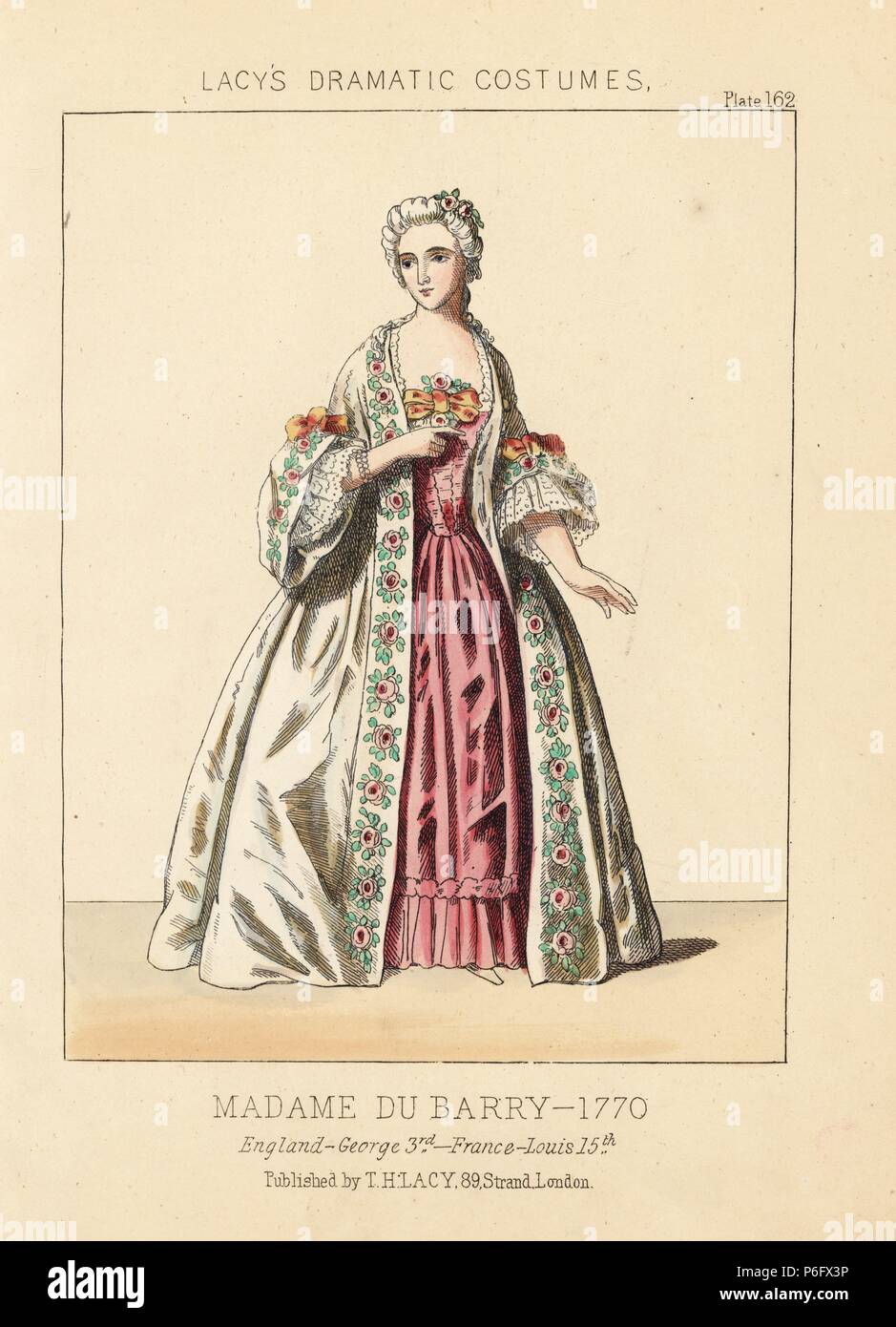 Jeanne Becu, Madame du Barry, signora di rango, regno di Giorgio III, Luigi XV, 1760. Handcolored litografia dal Thomas Hailes Lacy 'costumi femminili, Storico Nazionale e drammatica in piastre 200', Londra, 1865. Lacy (1809-1873) era un attore britannico, drammaturgo teatrale di manager e publisher. Foto Stock