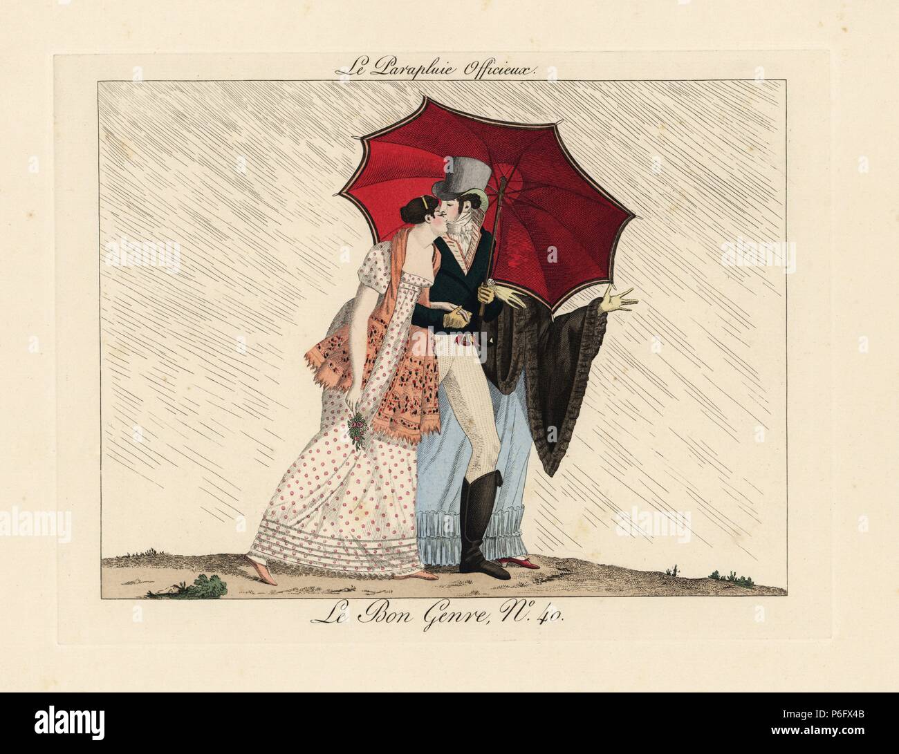 L'ombrello informale. Un gentleman afferra la mano di una giovane donna e bacia il, mentre usando il suo ombrello per evitare che la zia e da chaperone di vederlo. Handcolored incisione da Pierre de la Mesangere's Le Bon Genere, Paris, 1817. Foto Stock