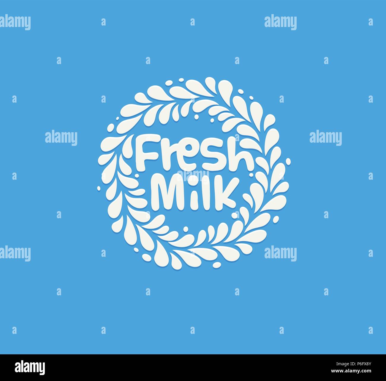 Latte fresco emblema. Bianco latte scende schizzato intorno al cerchio con all'interno di testo su sfondo blu. Moderno stile divertente modello di logo. Illustrazione Vettoriale