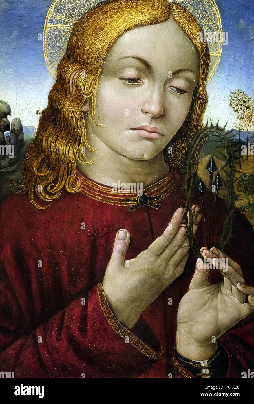 Cristo con i simboli della Passione di Raffaellino del Garbo, olio su legno, la passione in arte da Museo Mimara a Zagabria in Croazia Foto Stock