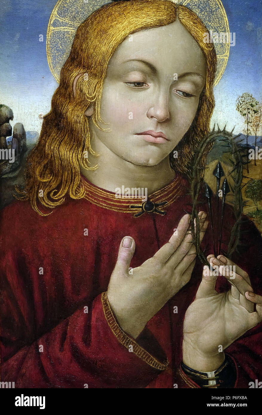 Cristo con i simboli della Passione di Raffaellino del Garbo, olio su legno, la passione in arte da Museo Mimara a Zagabria in Croazia Foto Stock