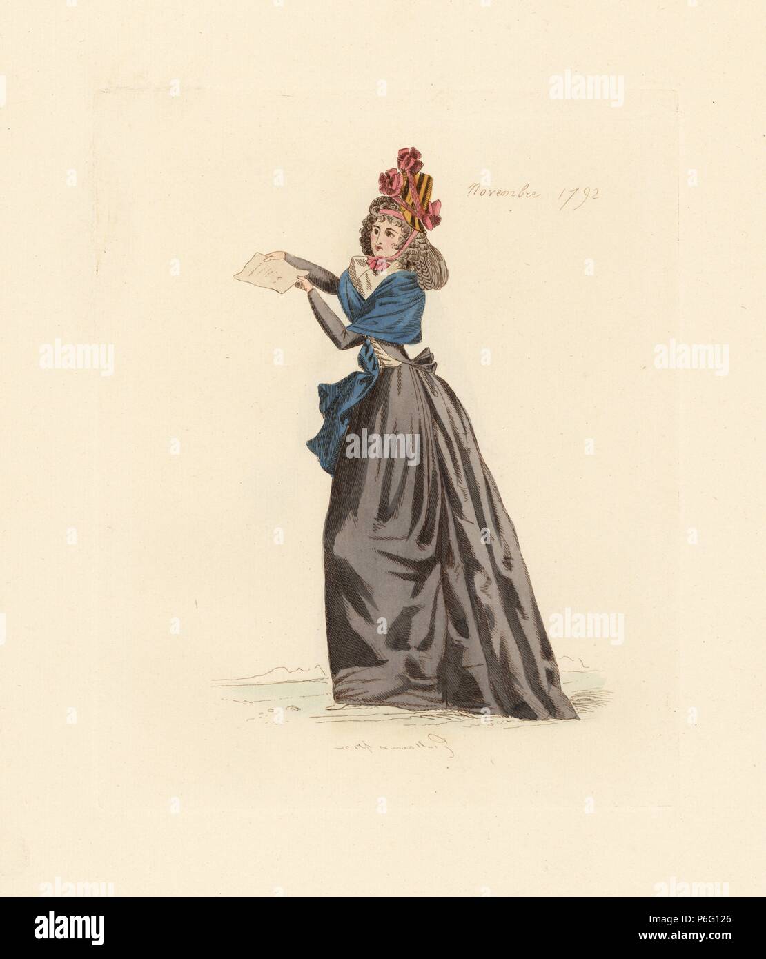 Donna francese che indossa la moda di novembre 1792. Indossa un cappello  con archetti e nastri, parrucca, fichu (neckerchief), scialle, condire con  montato corpetto e gonna completo. Handcolored etching da Auguste Etienne
