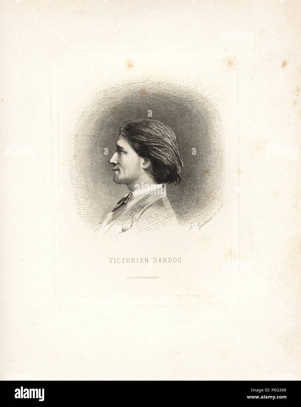 Ritratto di Victorien Sardou, drammaturgo francese. L'attacco di Auguste Etienne Guillaumot Jr. da 'Costumi della directory,' Rouquette, Parigi, 1875. Le incisioni sono state realizzate su disegno di Eugenio Lacoste e Draner dopo la stampa del ser 1795-99. I costumi sono stati da produzioni teatrali 'Merveilleuses' e 'Pres Saint-Gervais' da Victorien Sardou. Foto Stock