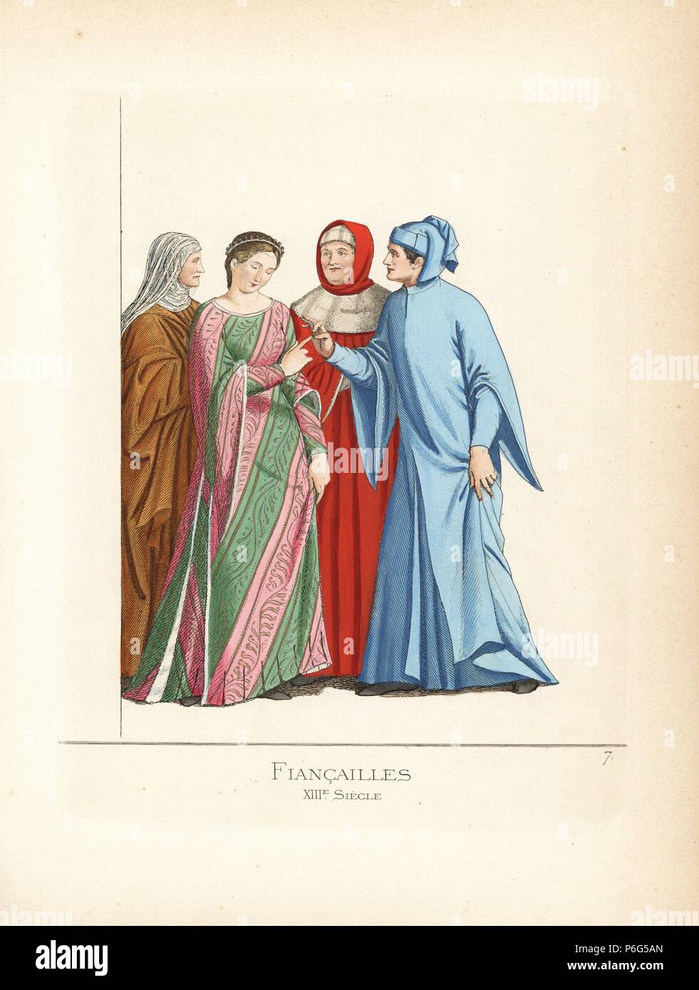 Cerimonia di impegno, del XIII secolo. Un uomo mette un anello sul dito indice della sua sposa davanti ai suoi genitori. Indossa una piccola corona d'oro legate con un nastro nero, un capo di Damasco e abbigliamento foderato con ermellino. Indossa un capo senza nome e un accappatoio. Da una illustrazione del manoscritto 1389, biblioteca vaticana. Handcolored Illustrazione disegnata e litografato da Paolo Mercuri con il testo di Camille Bonnard da 'costumi storici dal XII al XV secolo,' Prelievo Fils, Parigi, 1860. Foto Stock