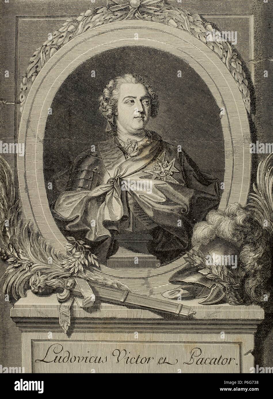 Di Luigi XV di Francia (1710-1774). Louis l amata. Il re di Francia e Navarra. Incisione di Triebmann. Historia Universale, 1885. Foto Stock