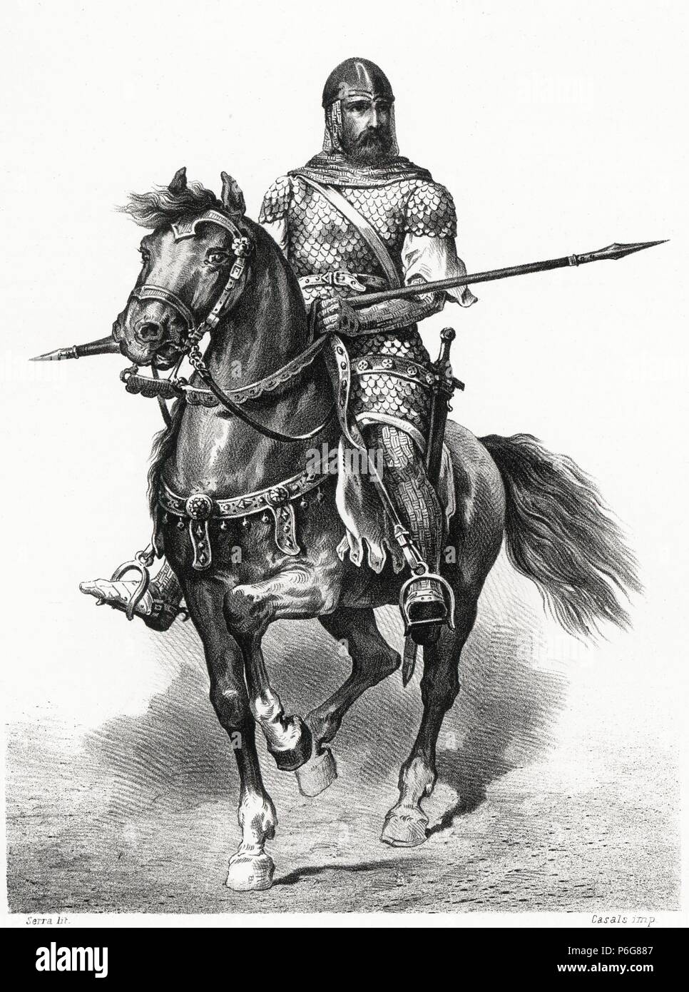 Historia de España. Rodrigo Díaz de Vivar, el Cid Campeador (1048-1099), un lomos de su caballo Babieca. Grabado de 1872. Foto Stock