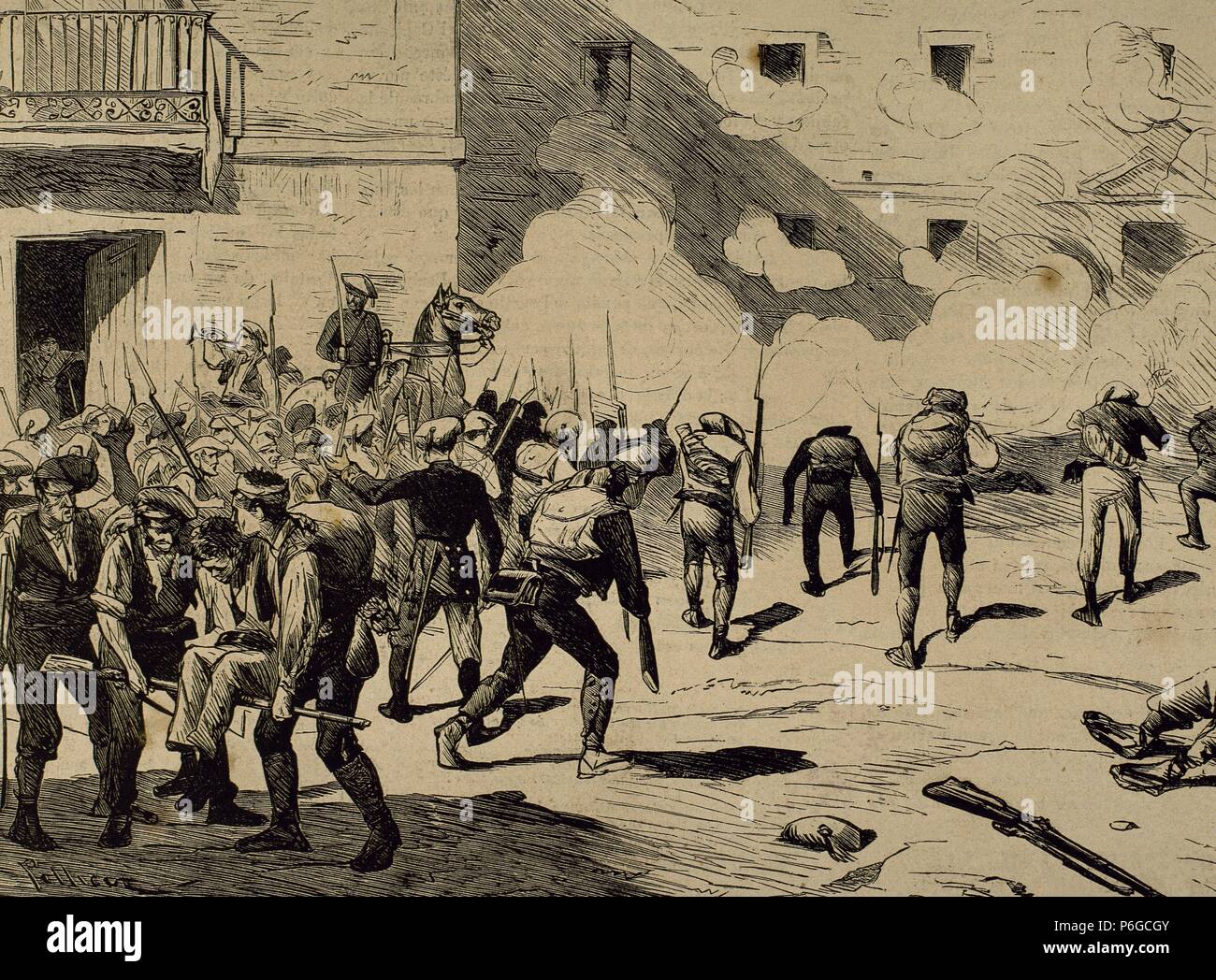 Spagna. Terza guerra carlista. Nel giugno 1872 il generale carlista Joan Francesch ho Serret (1833-1872) entra in Reus (Catalogna) con 400 soldati e sorprendente il presidio liberale. Egli è morto in combattimento. Incisione di Pellicer in 'La Ilustracion Espan ola y Americana ", 1872. Foto Stock
