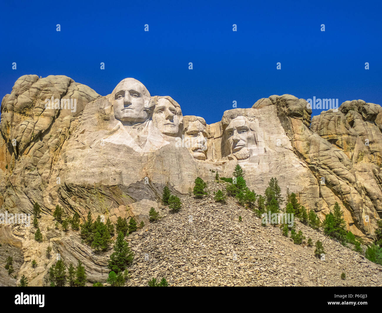 4 luglio Memorial, il Monte Rushmore National Memorial degli Stati Uniti d'America e il parco nazionale in Sud Dakota. Presidenti: George Washington Thomas Jefferson, Theodore Roosevelt, Abraham Lincoln Foto Stock