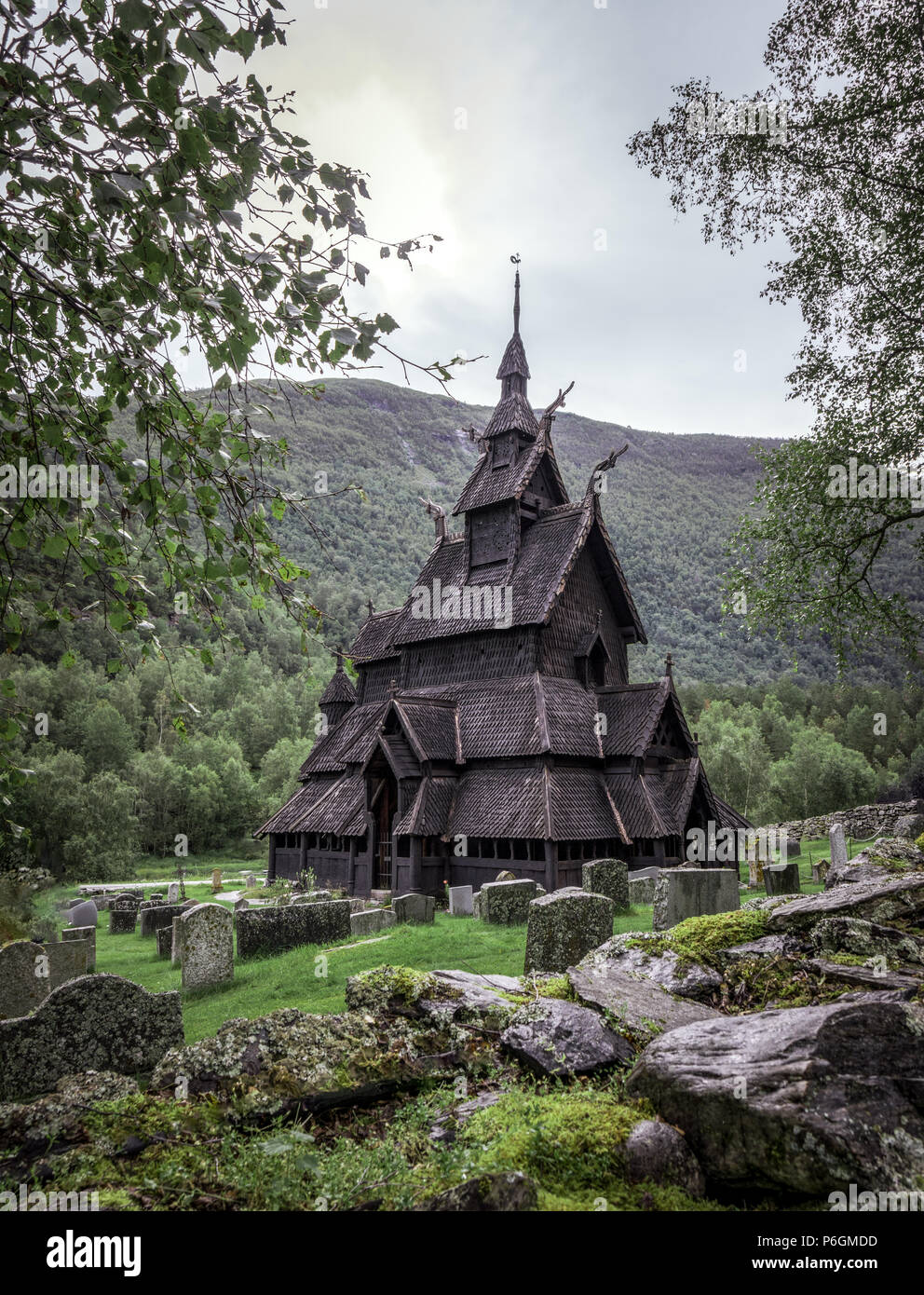 Borgund doga chiesa attraverso gli alberi della Norvegia. Foto Stock