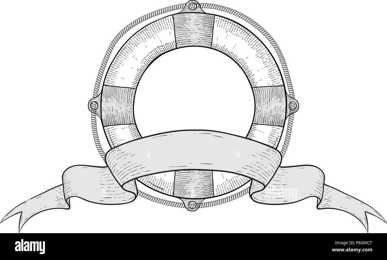 Salvagente e nastro banner titolo. Mano bozzetto Illustrazione Vettoriale