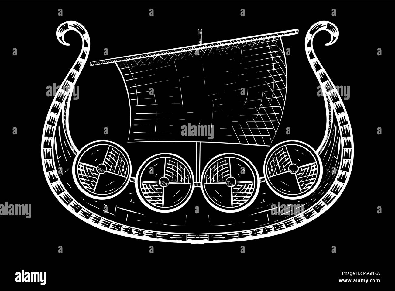 Viking Ship. Mano bozzetto su sfondo nero Illustrazione Vettoriale