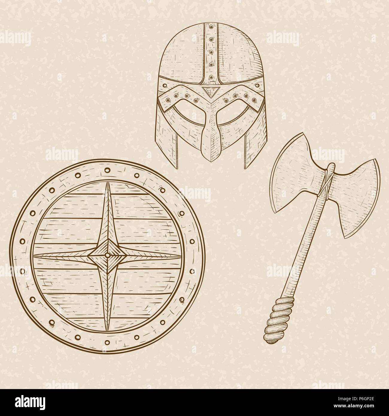 Viking armor set - casco, scudo e ax. Mano bozzetto su sfondo beige Illustrazione Vettoriale