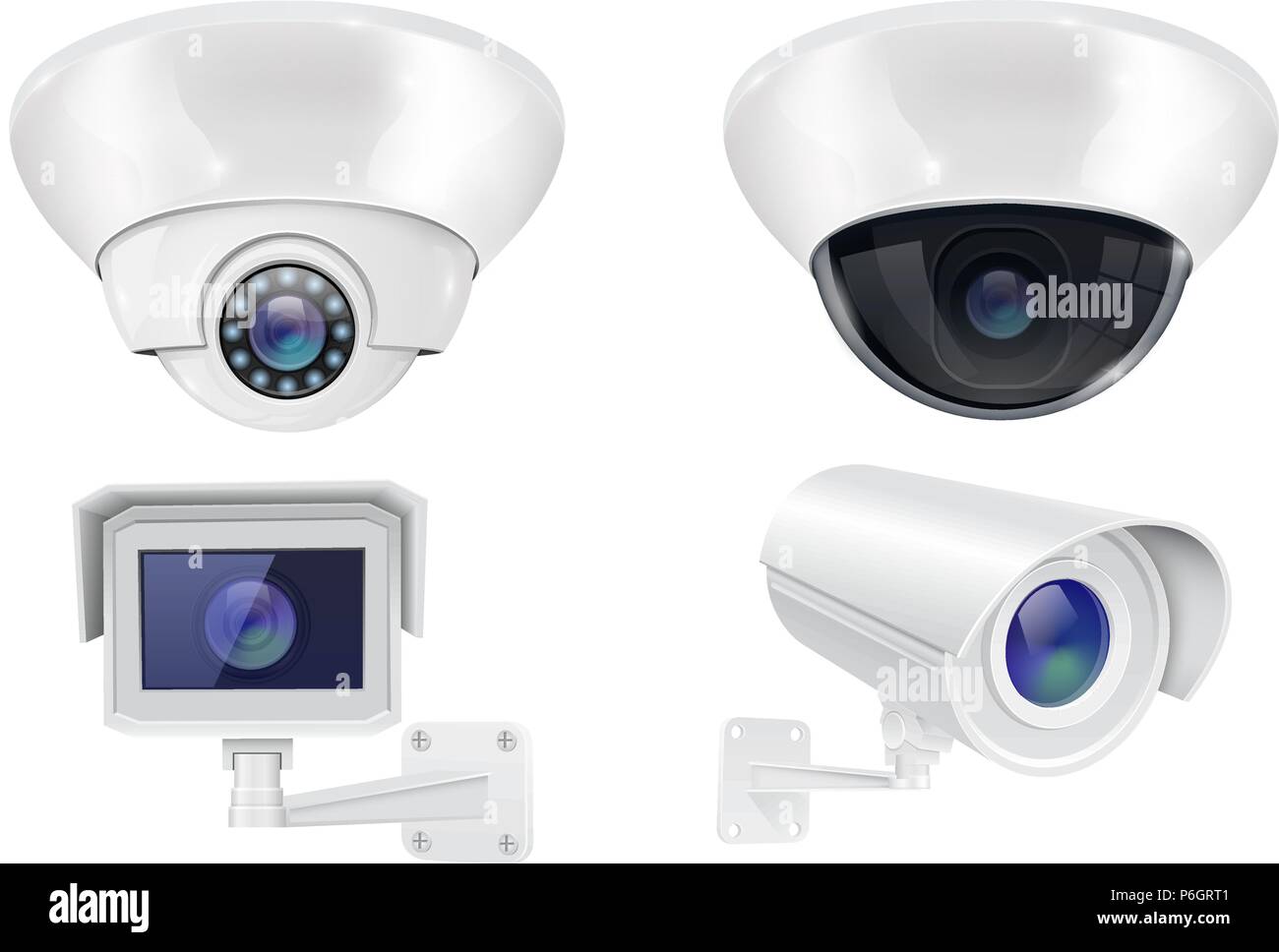Videocamera di sicurezza impostato. Parete e montaggio a soffitto TVCC sistema di sorveglianza Illustrazione Vettoriale