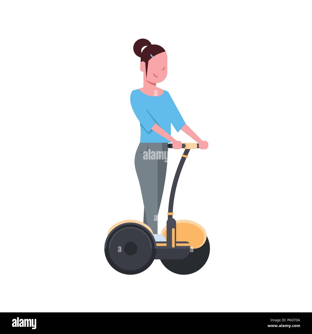 Equitazione donna gyroscooter su sfondo bianco. gyroboard concetto. cartoon a piena lunghezza carattere stile piatto Illustrazione Vettoriale