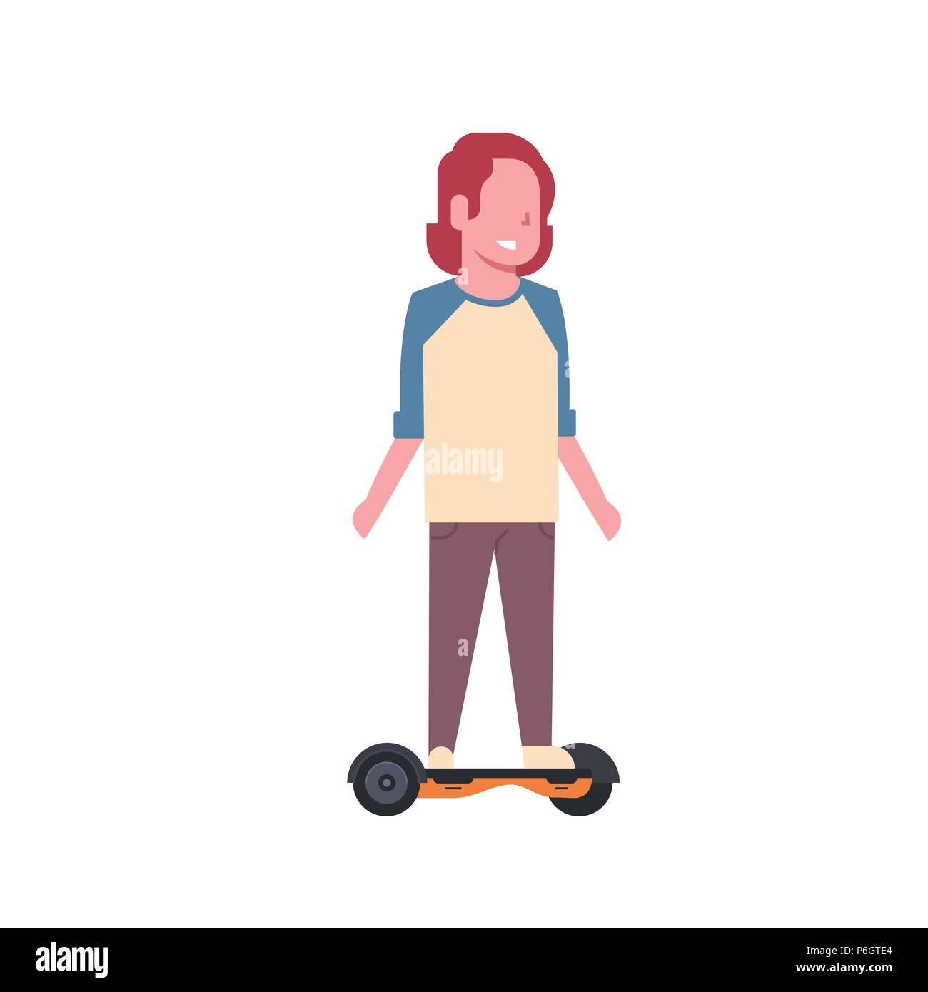 Uomo che cavalca gyroscooter su sfondo bianco. gyroboard concetto. cartoon a piena lunghezza carattere stile piatto Illustrazione Vettoriale