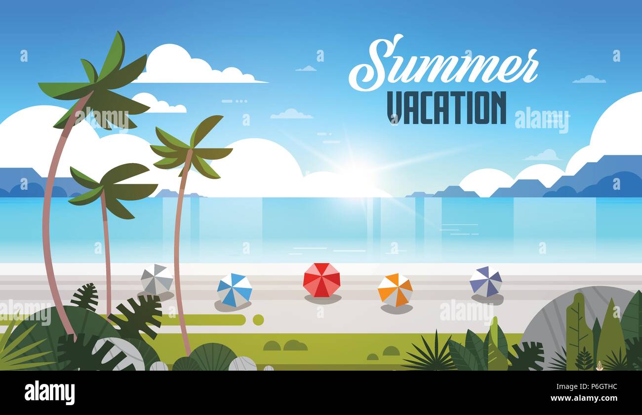 Sunrise tropical palm beach sfere vista vacanze estate mare oceano orizzontale piana scritte Illustrazione Vettoriale