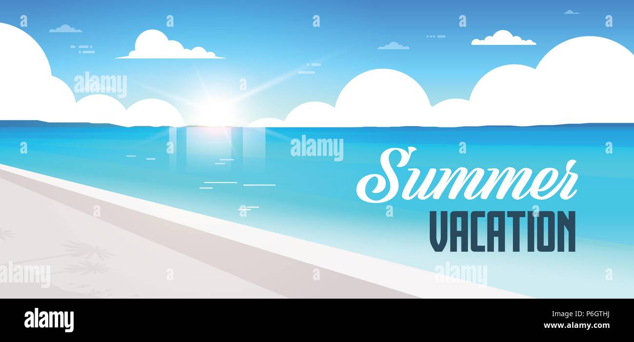 Sunrise Beach view vacanze estate mare oceano mare piatto lettering banner Illustrazione Vettoriale