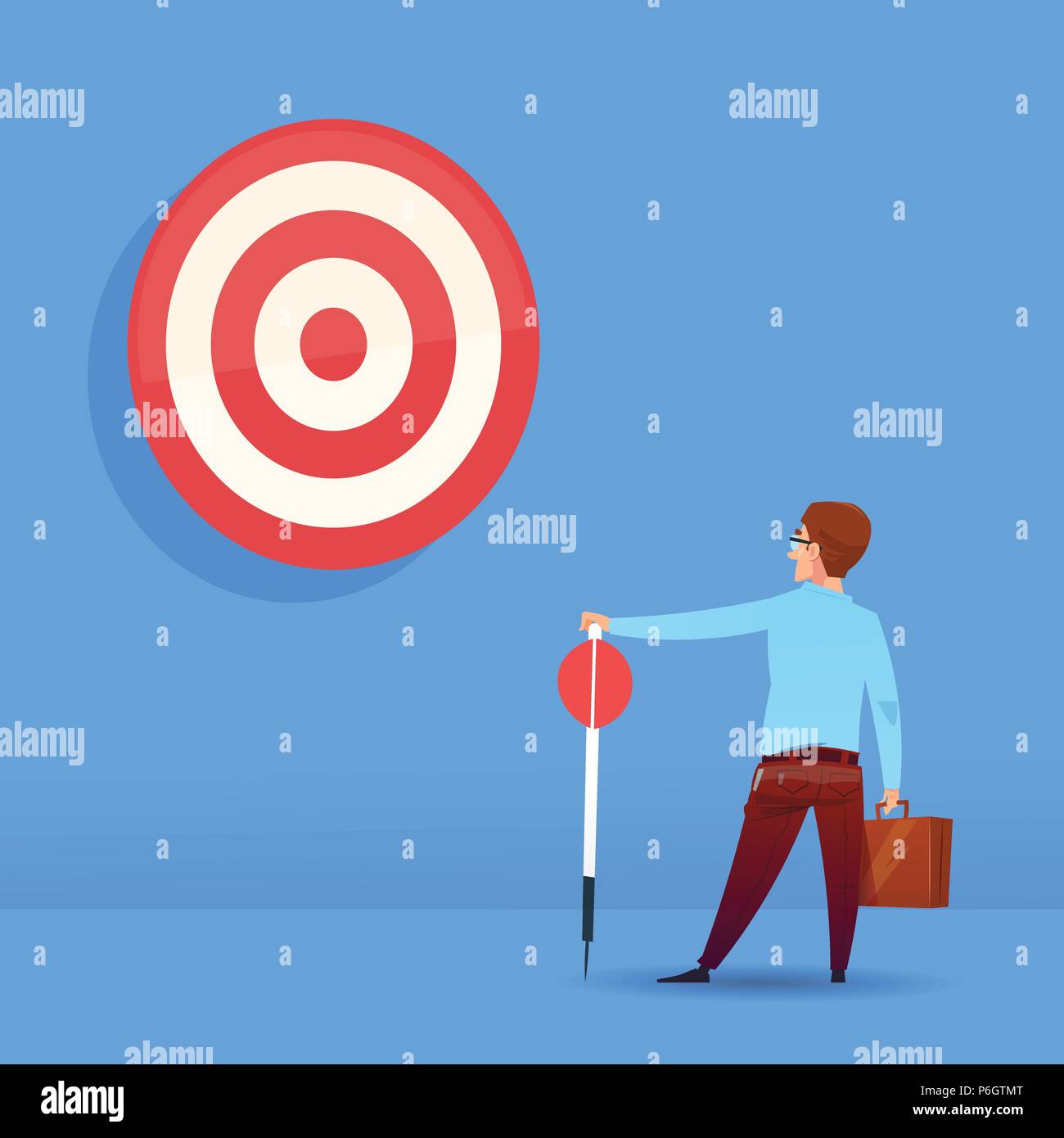 Vista posteriore imprenditore tenendo premuto freccia business target concetto di successo su sfondo blu flat Illustrazione Vettoriale