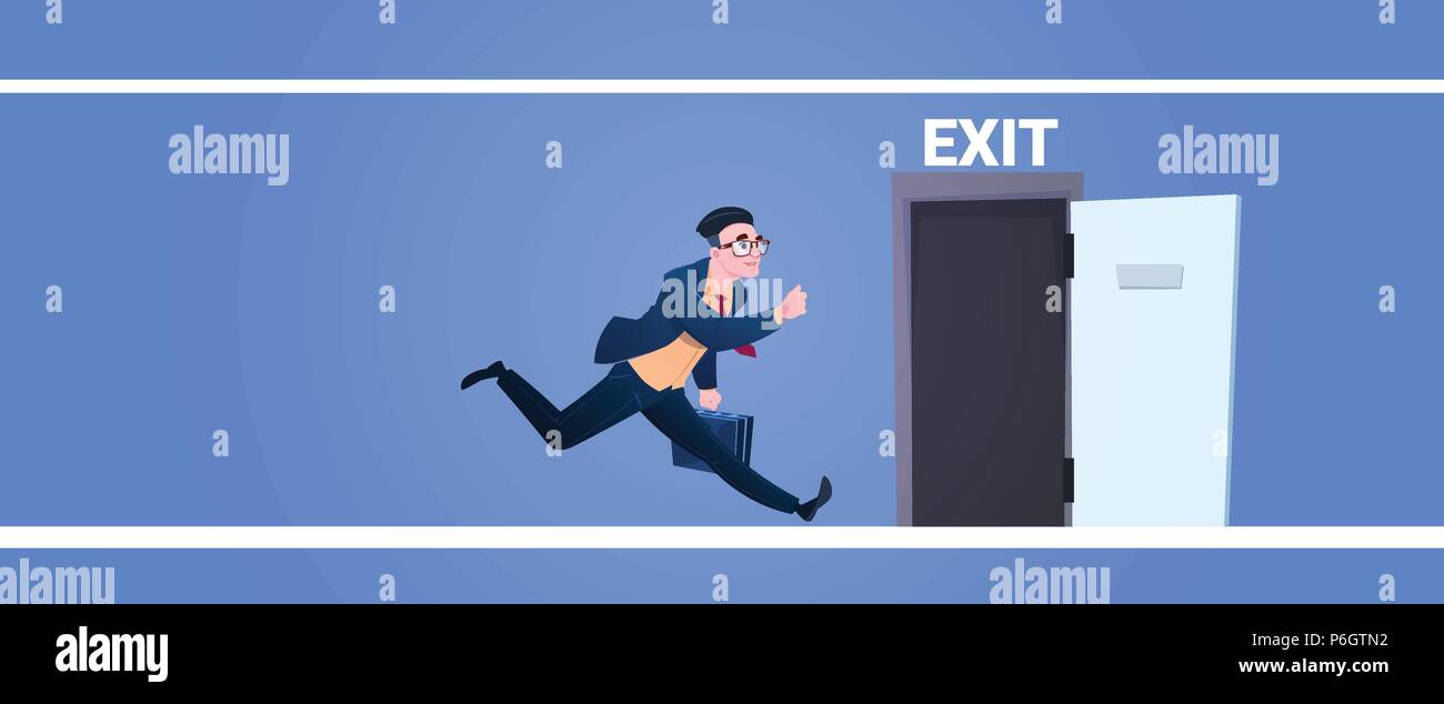 Imprenditore Esegui per aprire lo sportello di uscita uomo che corre dal lavoro di evacuazione di emergenza cantare su sfondo blu banner piatta Illustrazione Vettoriale