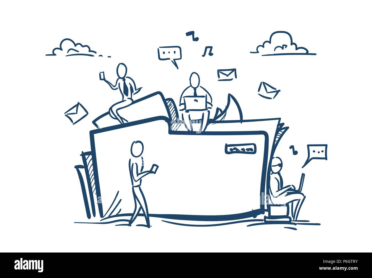 Il cloud di storage dei dati di file della cartella di condivisione il concetto di servizio gli imprenditori che lavorano insieme su sfondo bianco schizzo doodle Illustrazione Vettoriale