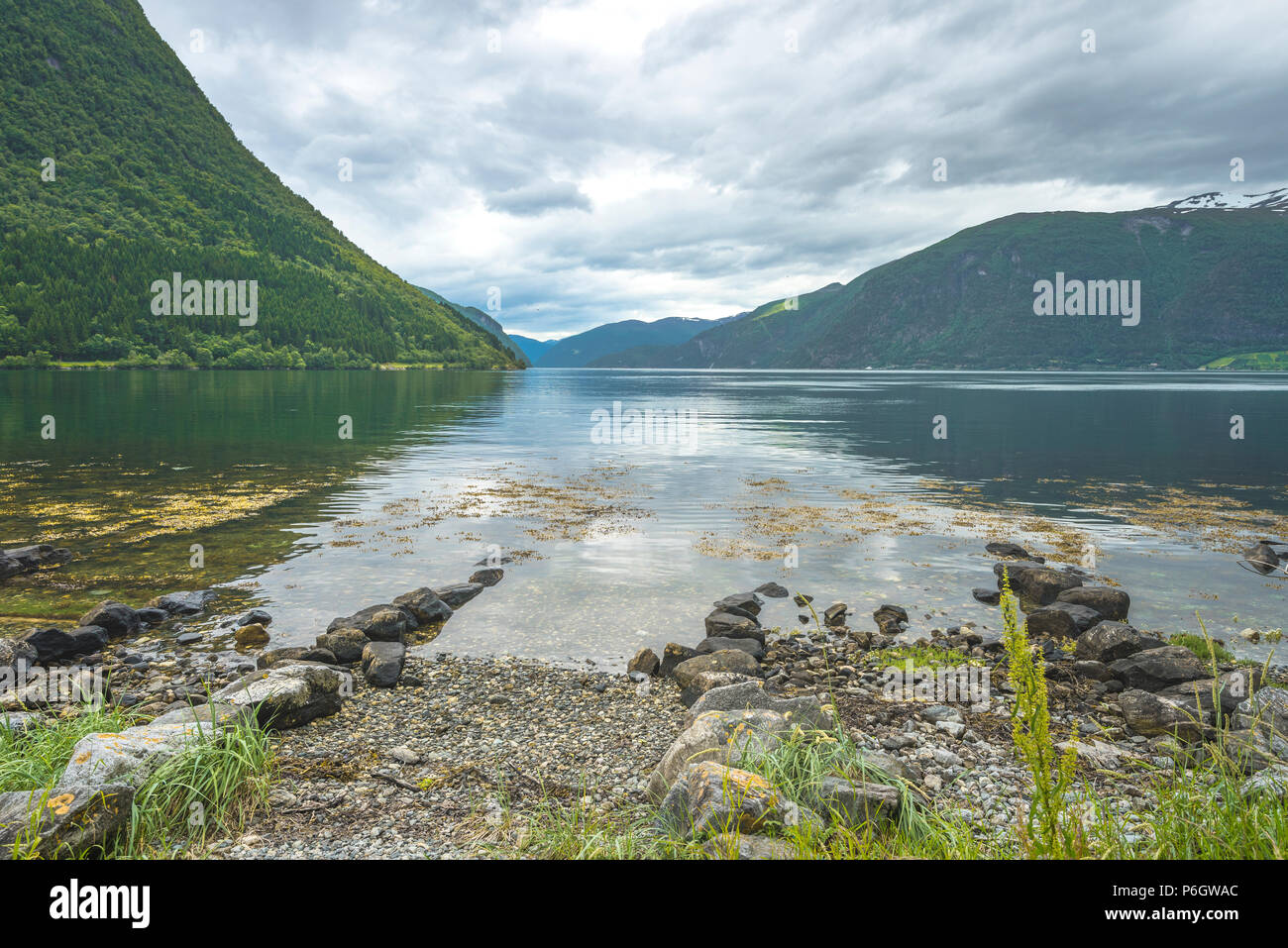 Vista del fiordo presso la riva di Norddal, Norvegia, il Norddalsfjorden vicino a Eidsdal e eagle road Foto Stock
