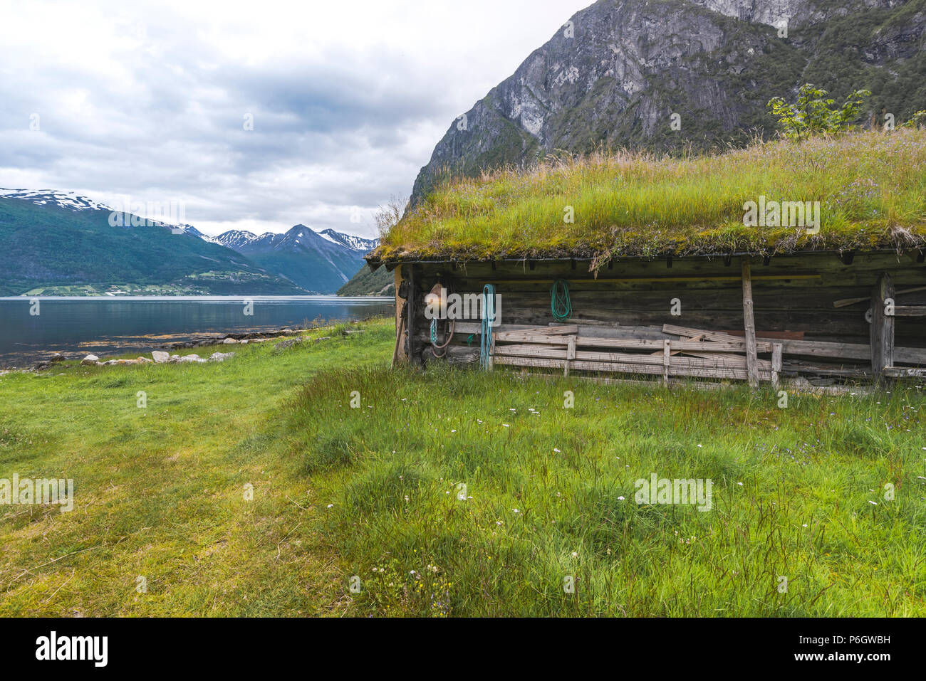 Vecchio boathouse presso la riva del Norddalsfjorden, Norvegia, vecchia baita in legno con erba tetto sovradimensionate Foto Stock