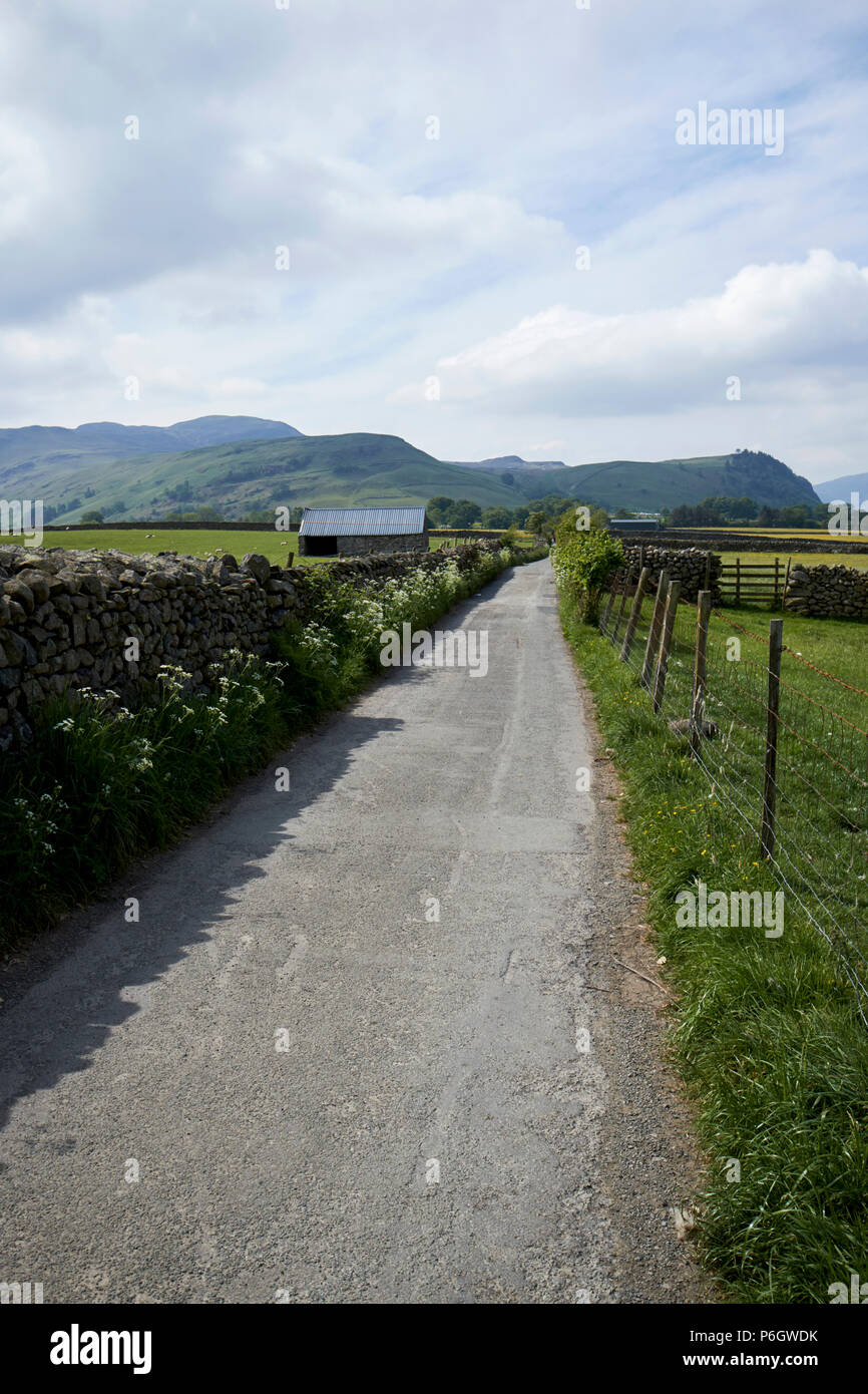 Paese tarmaced lane delimitate da muretti a secco in pietra e recinto di filo nelle zone rurali underskiddaw keswick Cumbria Inghilterra England Regno Unito Foto Stock