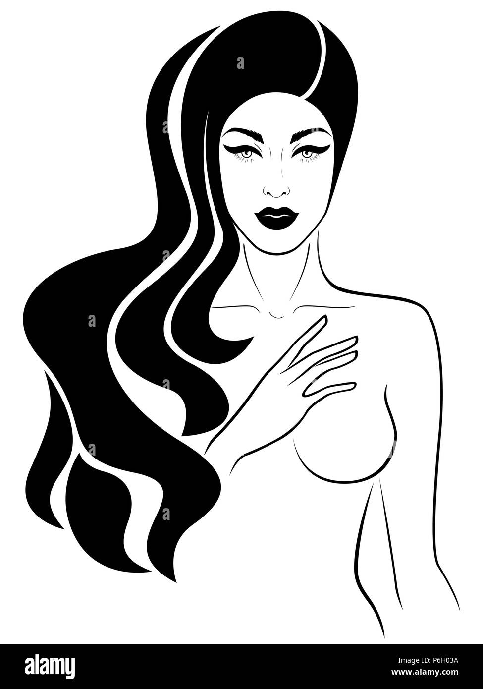 Bella e triste donna con capelli di lusso trattiene la sua mano sul suo petto, mano disegno vettoriale come salvezza salute femminile Illustrazione Vettoriale