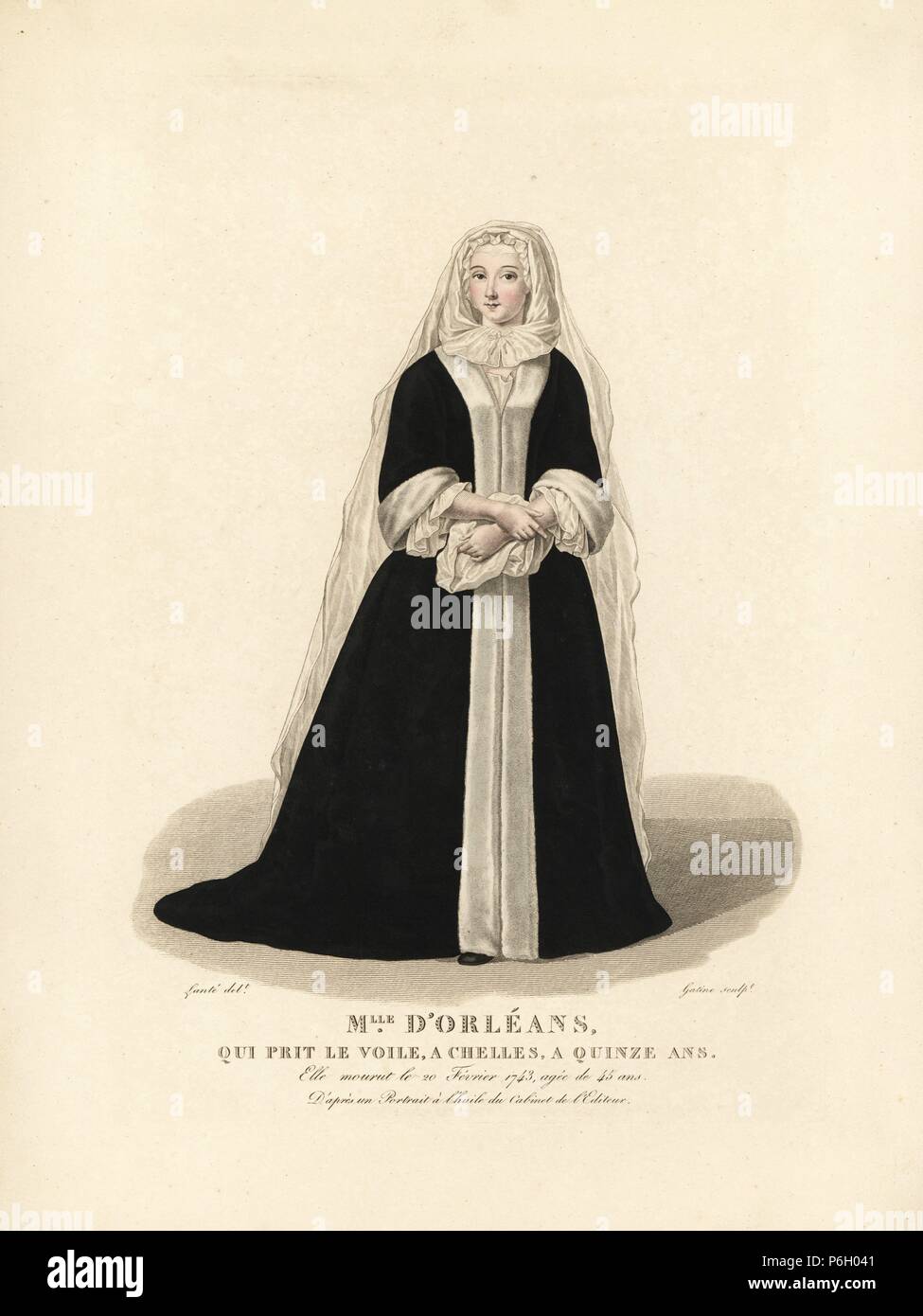 Louise Adelaide d'Orleans, la badessa di Chelles, 1698-1743. Legittimata la figlia di Philippe d'Orleans. Dopo un dipinto ad olio. Handcolored incisione su rame da Gatine dopo una illustrazione di Louis Marie Lante da Pierre de la Mesangere 'costumi des femmes celebres' (costumi di donne famose), Paris, 1827. Foto Stock